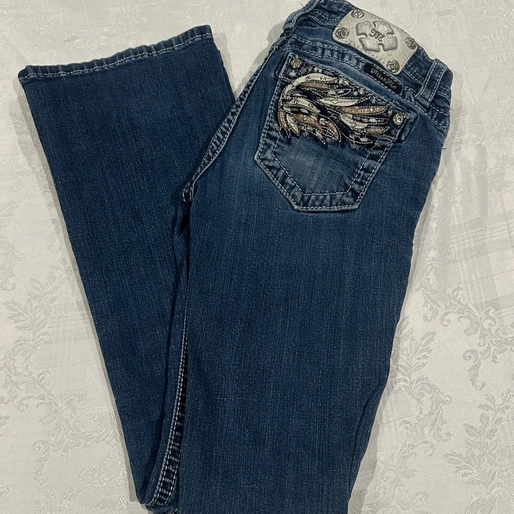 Miss Me Blue Boot Cut Jeans with Embellished Pocket - Picture 2 of 7